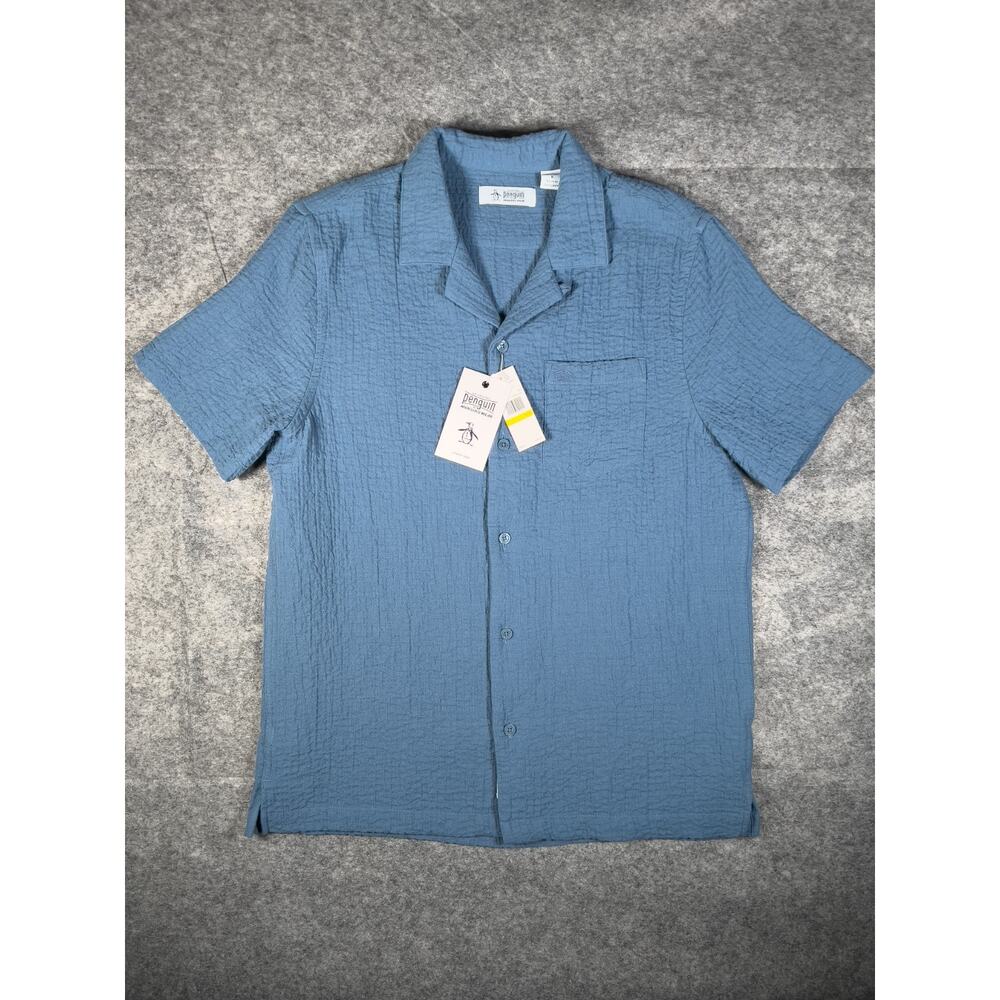 Med Original Penguin Cotton Gauze Short Sleeve Button-Up Camp Shirt Copen Blue